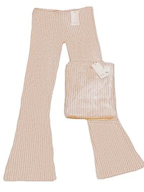 👖👕 AKIRA Chic Beige Ribbed Knit Mini Dress & Flared Pant Set | Women’s Plus 1X